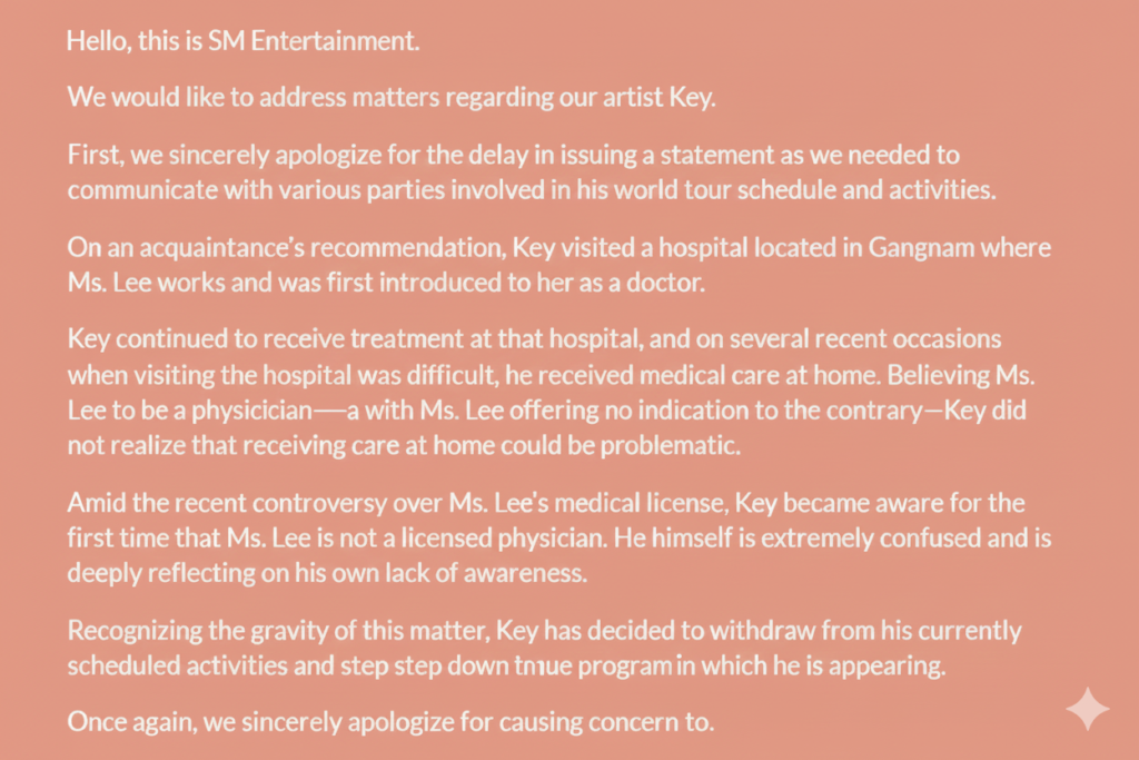 SM Entertainment statement on Shinee key scandal.