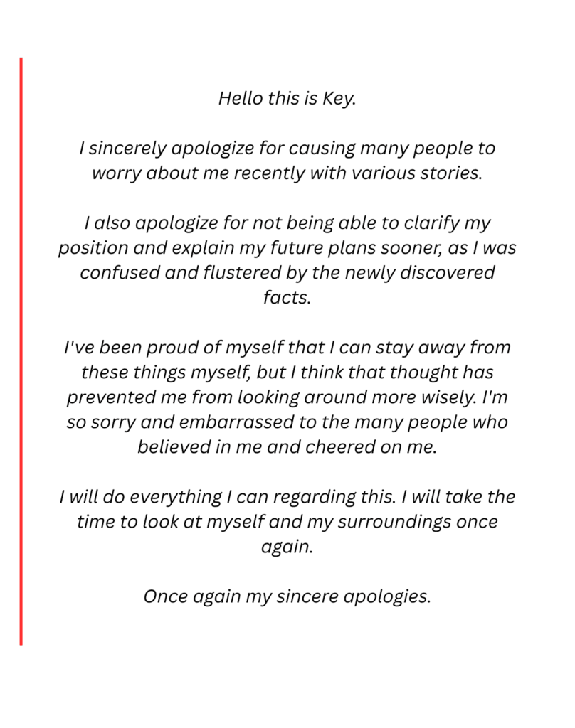 Key’s public apology and contrast with Park Na Rae’s response.
