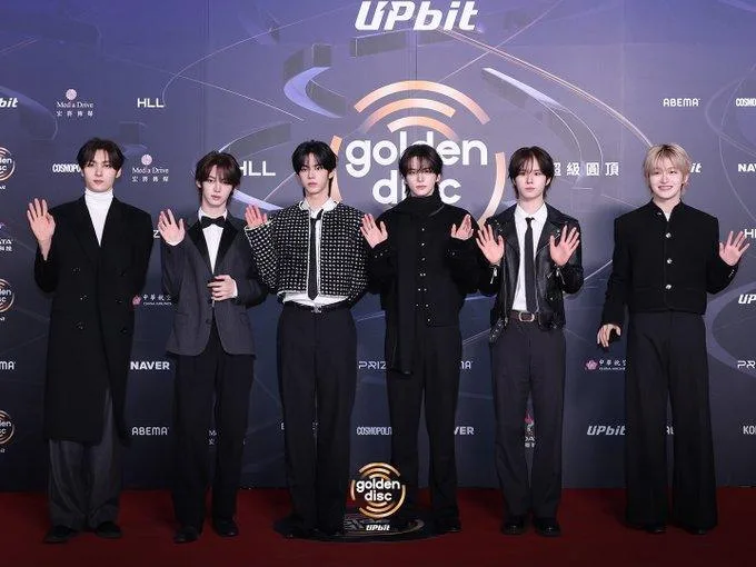 TWS K-pop band fresh stylish outfits red carpet Golden Disc Awards 2026