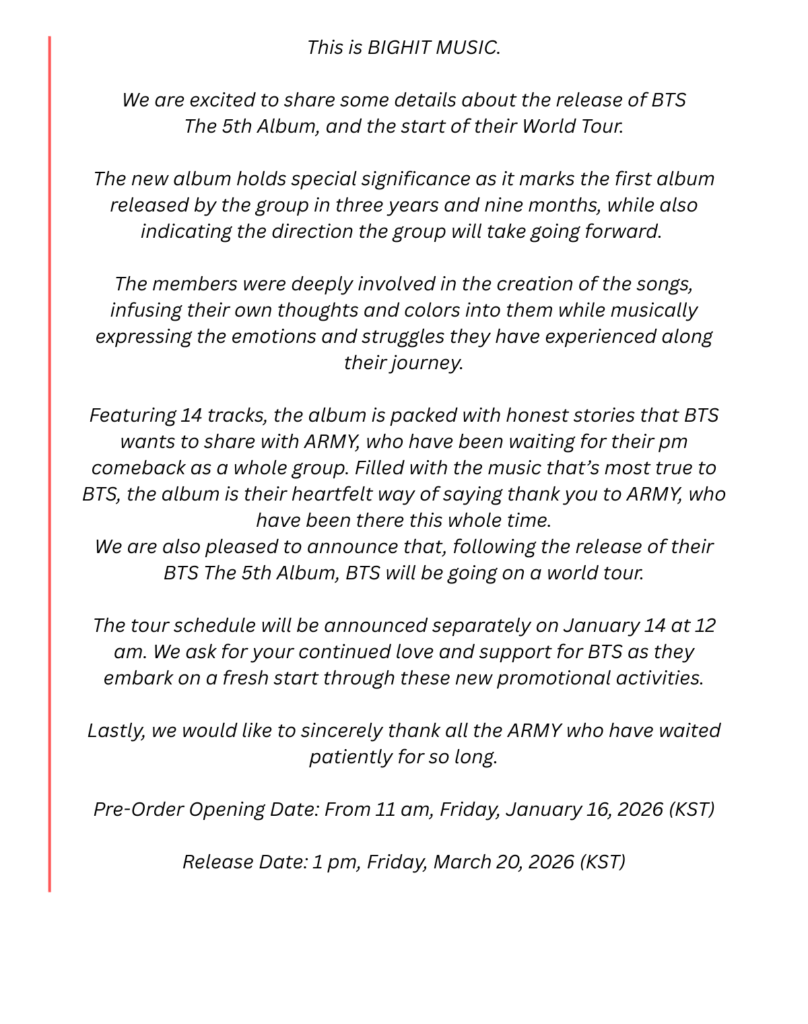 official press release of BTS comeback and world tour 2026
