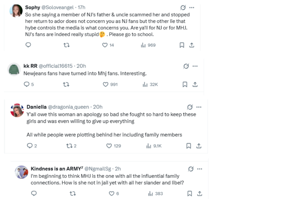 Mixed fan reactions to Min Hee-jin press conference regarding stock manipulation allegations, media control claims, and ADOR management dispute