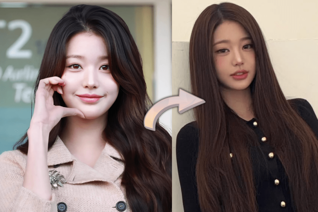 IVE Wonyoung before and after photos comparing natural teen debut look in IZ*ONE to current sophisticated K-pop idol makeup and styling