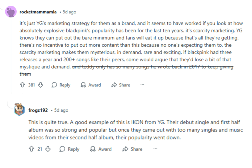 Reddit thread showing mixed fan reactions to BLACKPINK Deadline EP having 5 tracks with only 4 new songs