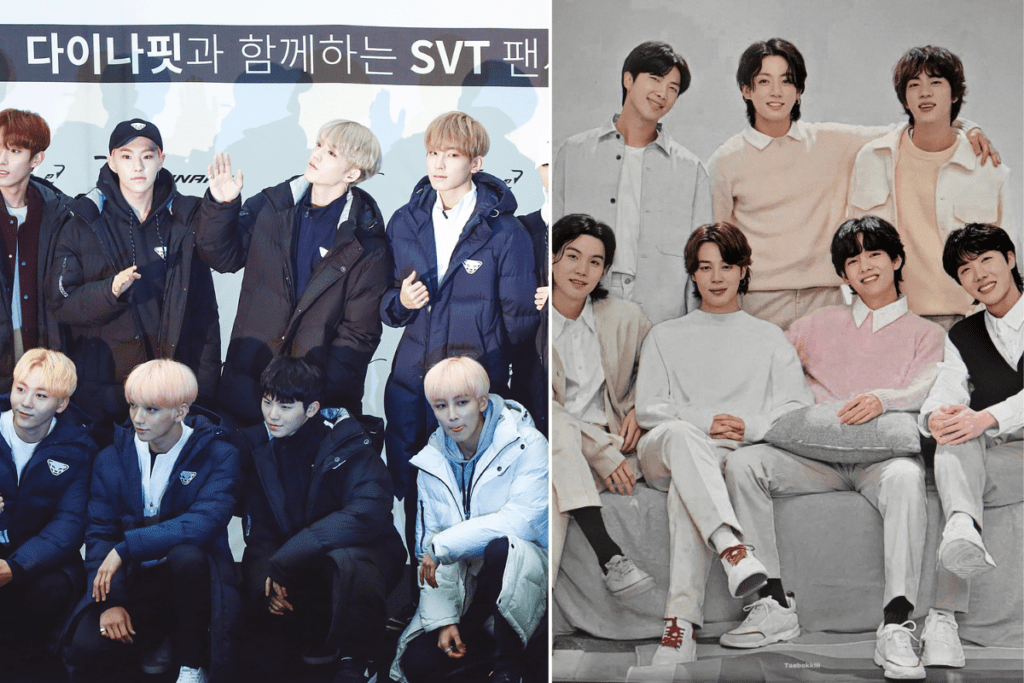 Side-by-side photo of K-pop groups BTS and SEVENTEEN, illustrating successful 7-year contract renewals and global career scaling