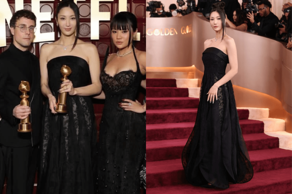 Ejae K pop demon hunter goldn globe winner wearing custom Dior gown by Jonathan Anderson