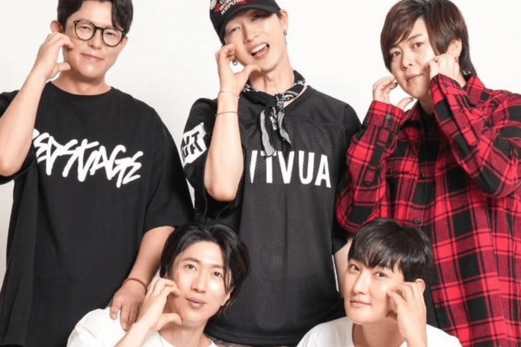 First generation K-pop boy band H.O.T. in their iconic 90s streetwear, the founders of modern idol fandom culture