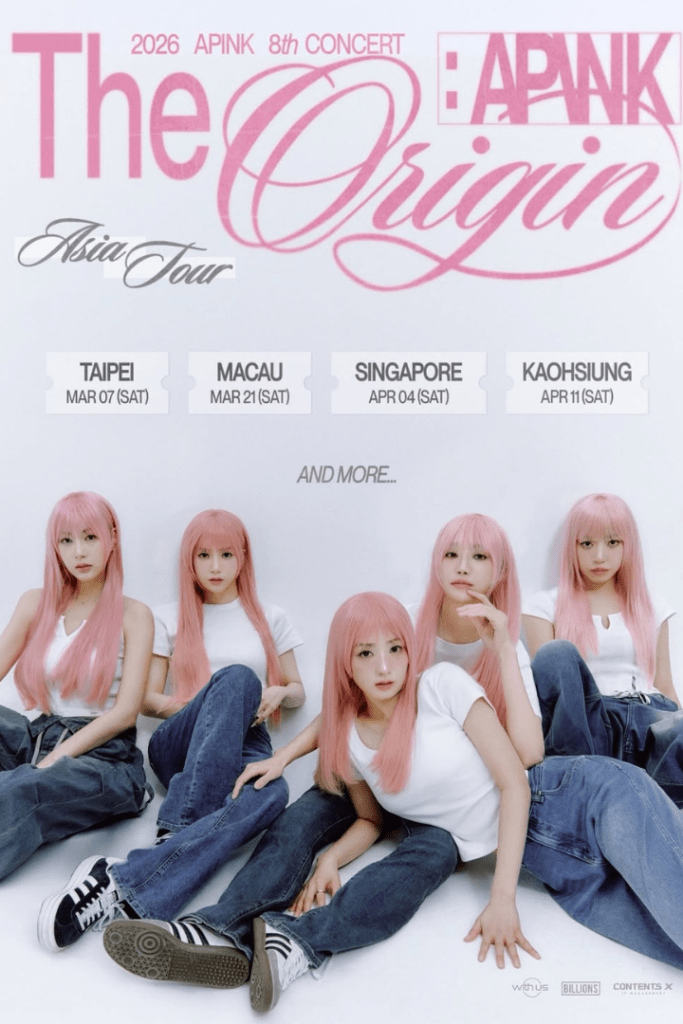 Official tour poster for 2026 Apink 8th concert The Origin featuring members in white and denim outfits with pastel pink hair for the Asia and World Tour