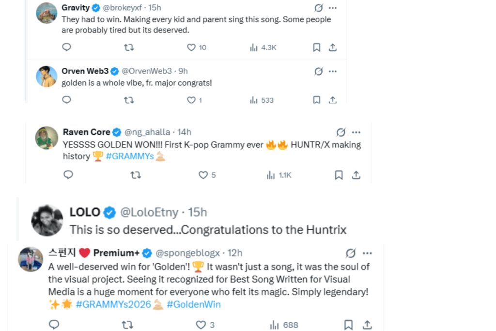 Fans celebrating and praising EJAE and Golden for winning their historic first K-Pop Grammy Award