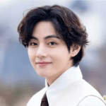 Kim Taehyung V BTS photoshoot portrait with intense gaze and styled hair