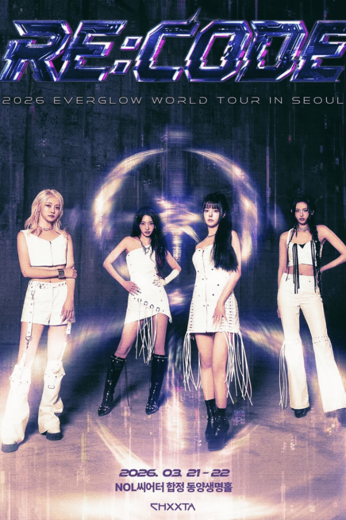 Everglow K-pop group members posing for RE:GLOW promotions in stylish silver outfits.