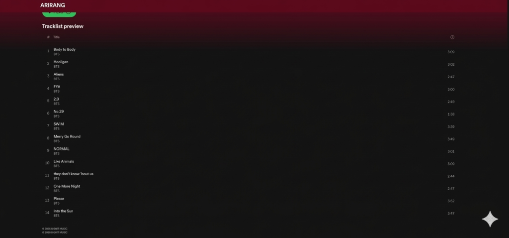 BTS ARIRANG official tracklist and credits image