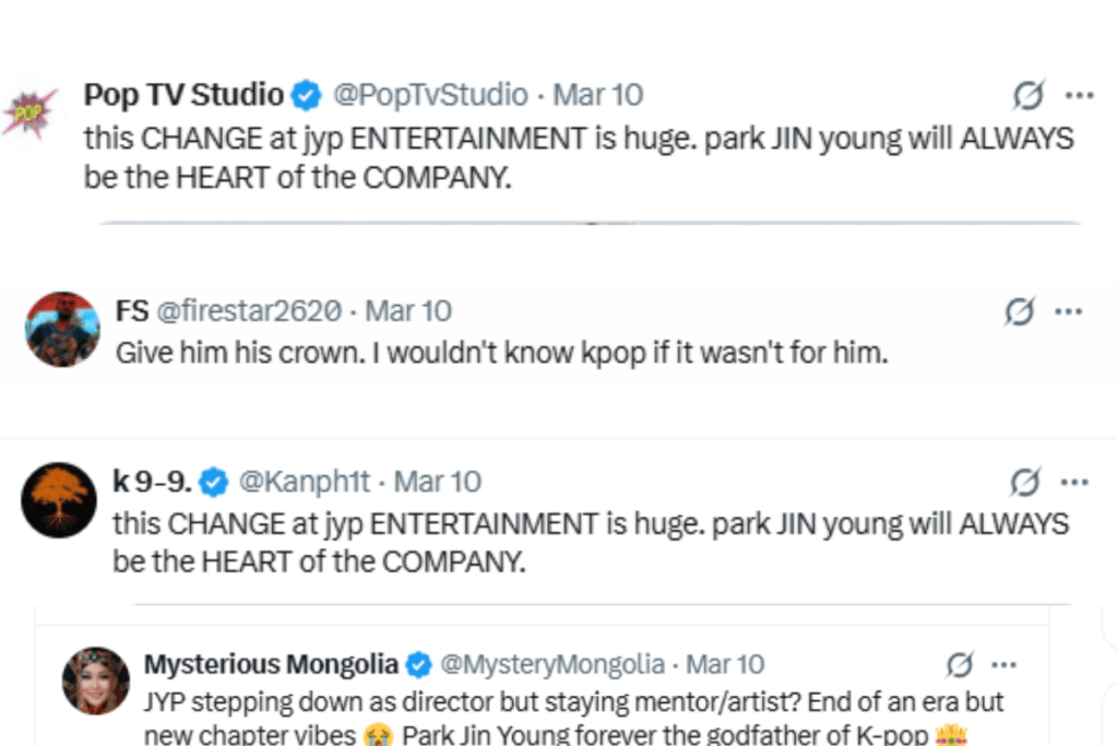 K-pop fan reactions on Twitter regarding Park Jin-young stepping down as JYP director