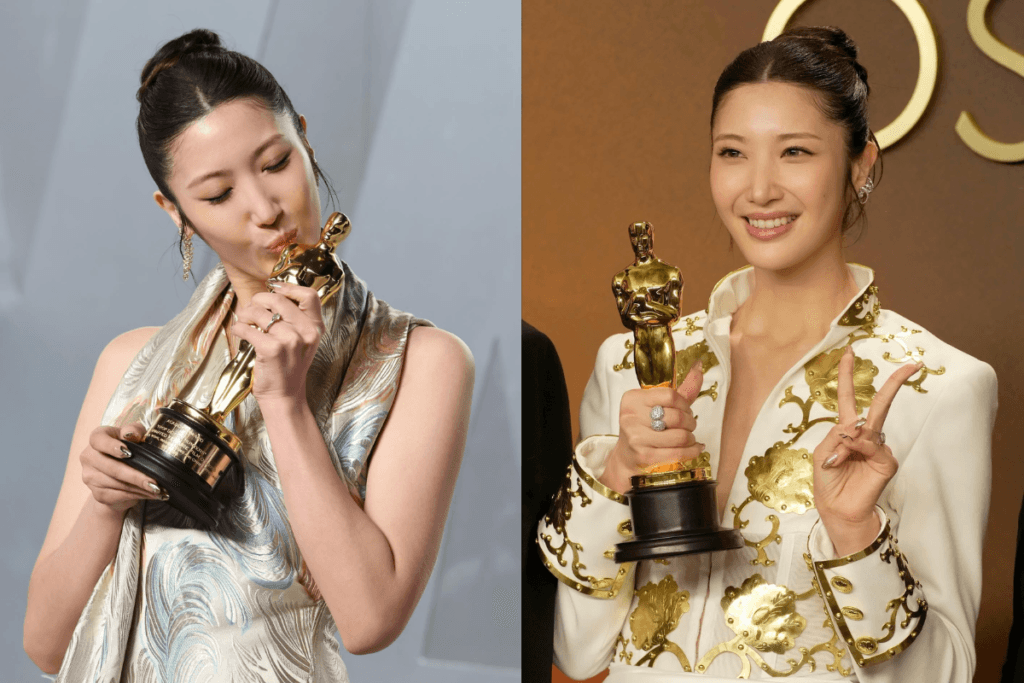 KPop Demon Hunters cast celebrating historic Oscar wins for Best Animated Feature.  