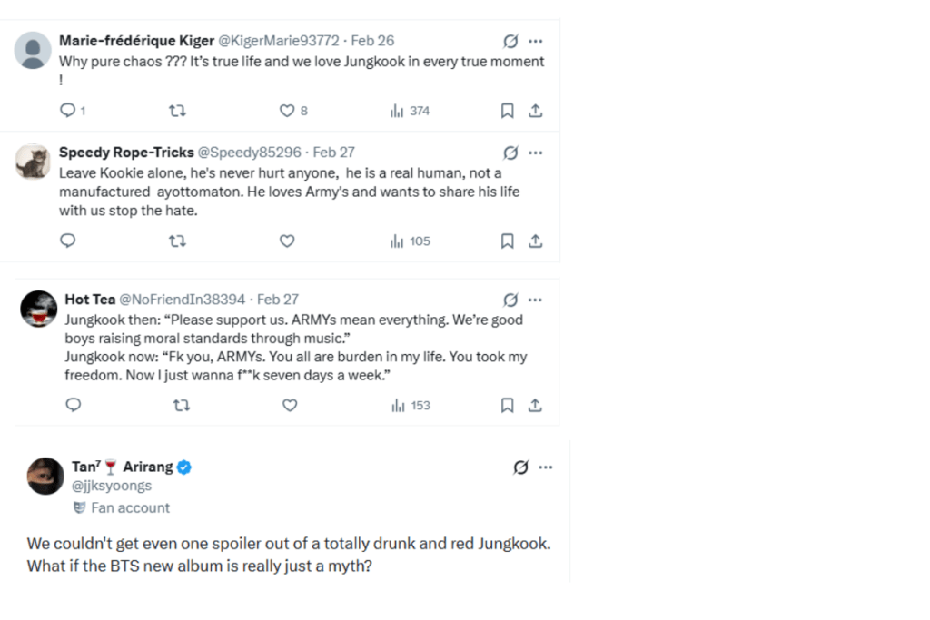 Supporting messages and leaving fandom comments for Jungkook's drunk live 2026
