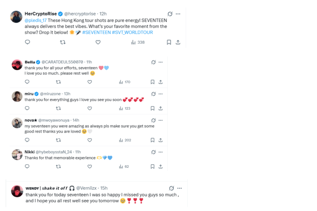 Screenshot of positive fan comments and social media reactions celebrating SEVENTEEN’s historic four-show sellout at Kai Tak Stadium