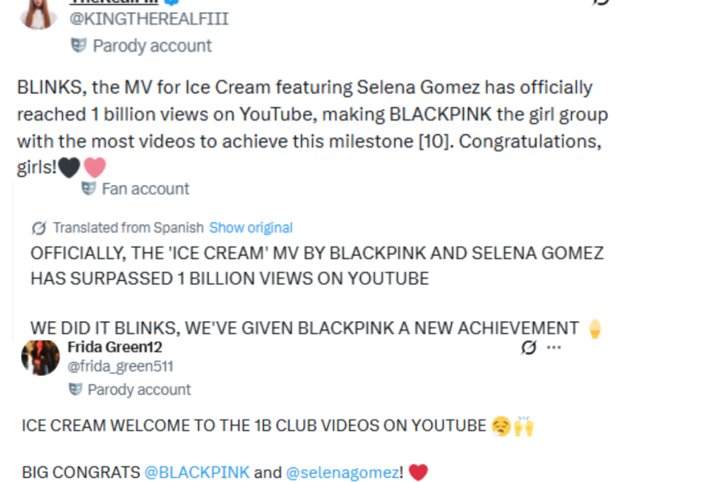 Fan comments for BLACKPINK's Ice Cream 1B views milestone