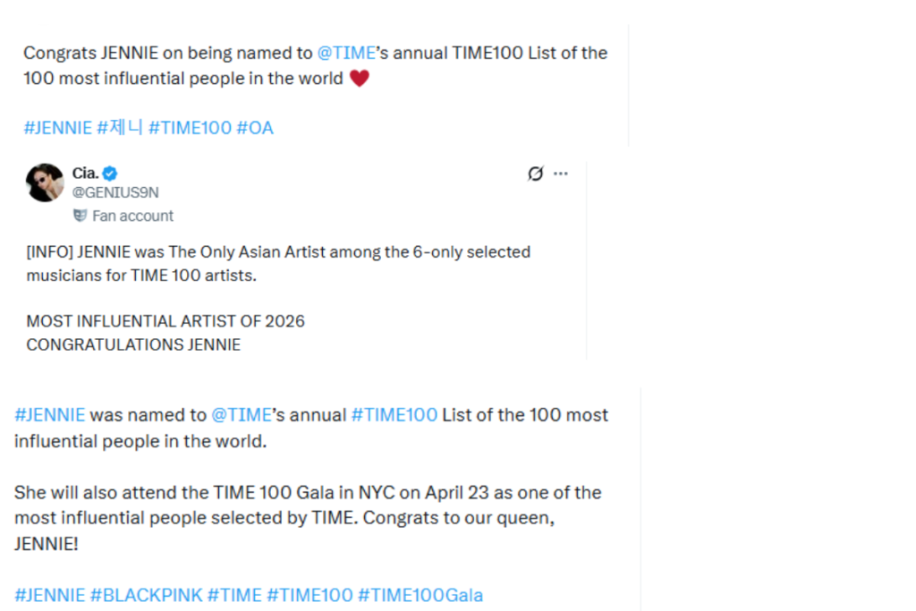 fan comment celebrating Jennie's 2026 TIME100 Most Influential People