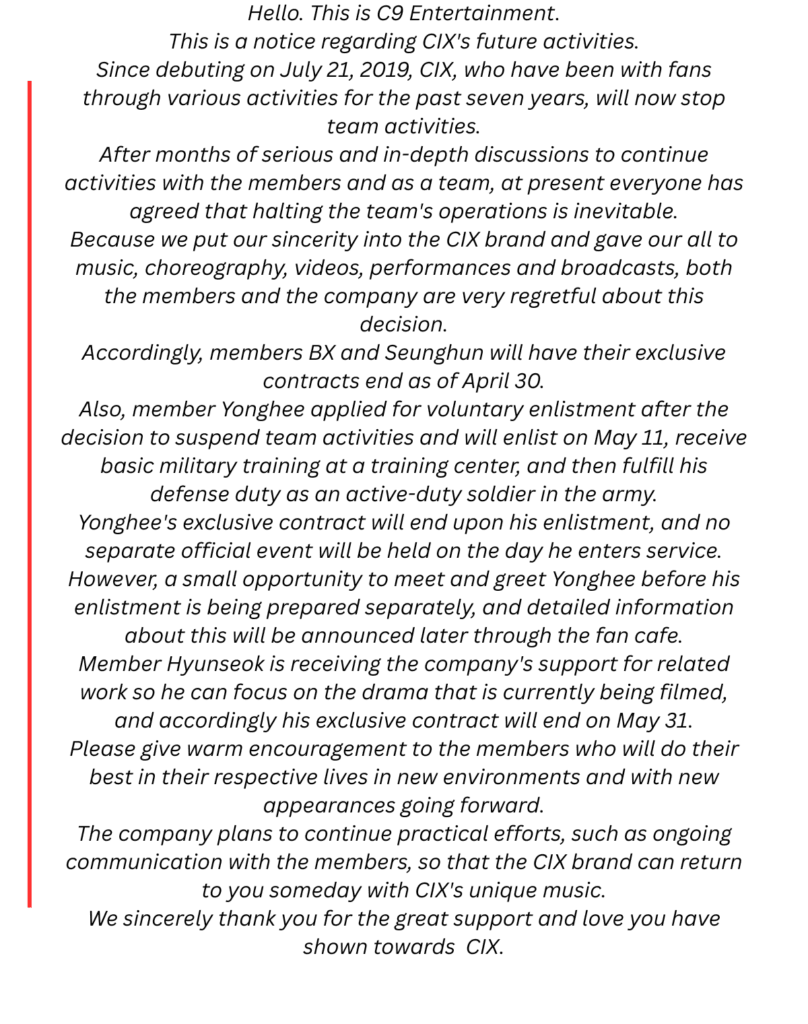 C9 Entertainment Official Statement