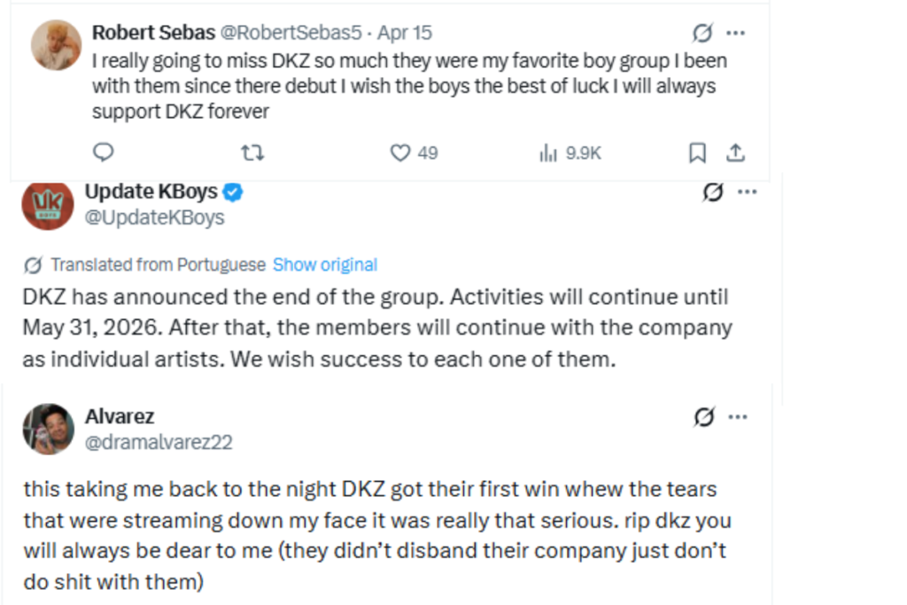 A photo of fan comments showing support to DKZ disband 2026