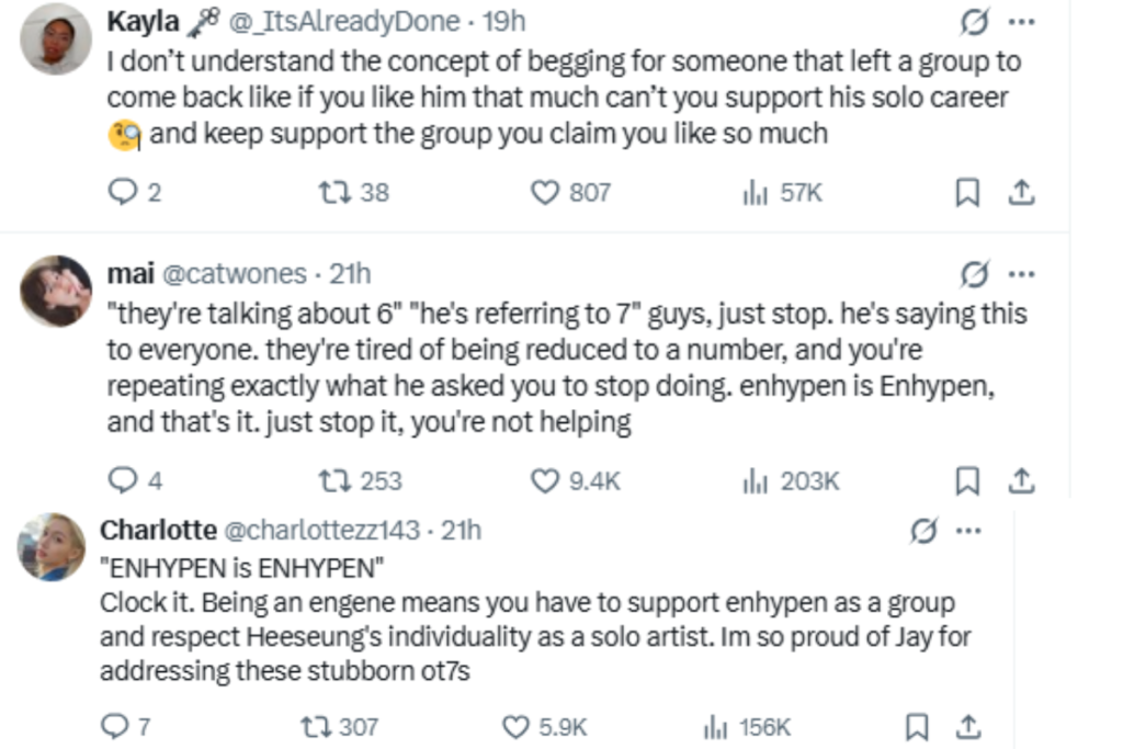ENGENE fandom messages on X defending Jay against OT7 spam
