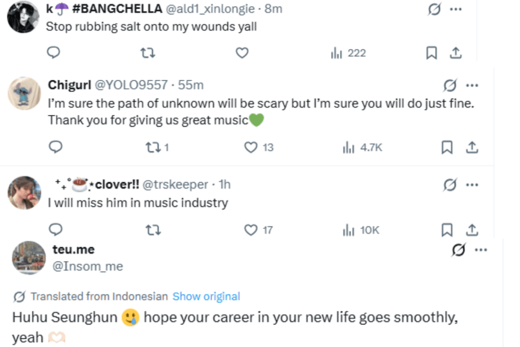 Fan comments expressing sadness over CIX member Seunghun’s retirement