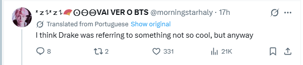 K-pop fan comments calling out Drake for disrespecting BTS online.