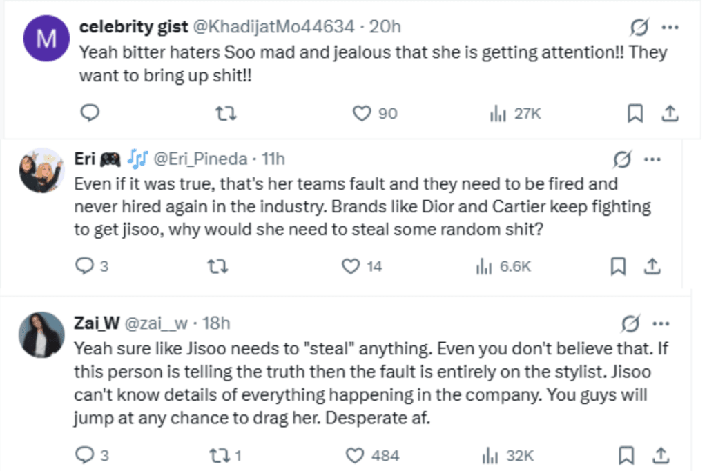 Supportive fan comments defending Jisoo on social media