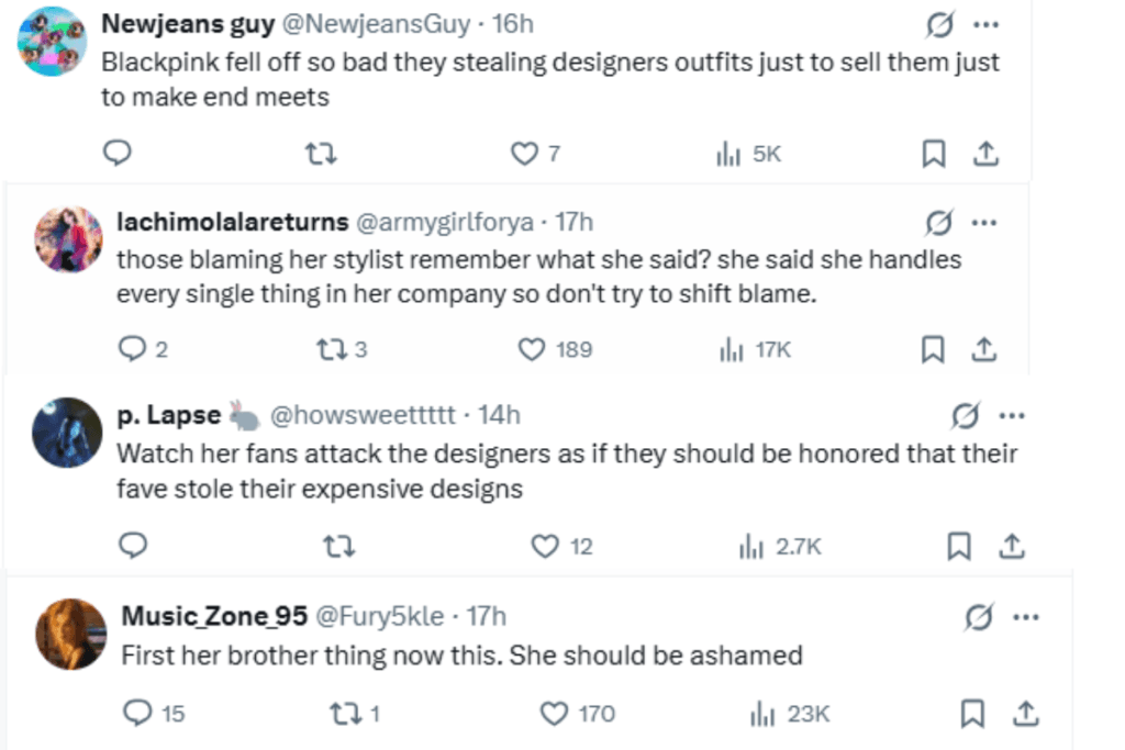 Social media comments showing hate for Jisoo regarding her fashion controversy.