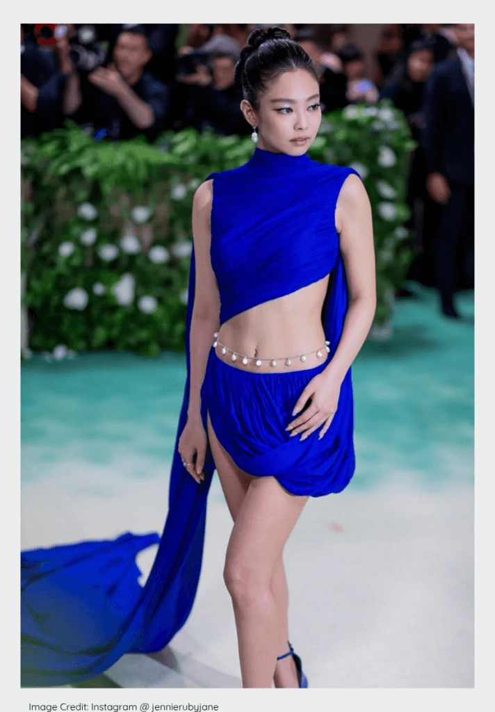 Jennie Kim wearing custom royal blue Alaia draped dress at Met Gala 2024