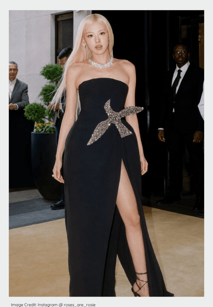 Rosé of BLACKPINK wearing black Saint Laurent gown for K-pop Met Gala 2026