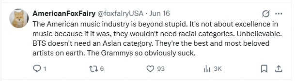 Fan comments calling out new Grammy category for separating BTS