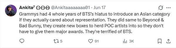 Fan comments calling out new Grammy category for separating BTS