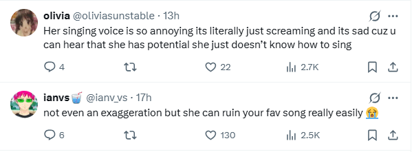 Social media comments criticizing Ahyeon’s vocal technique and live performance