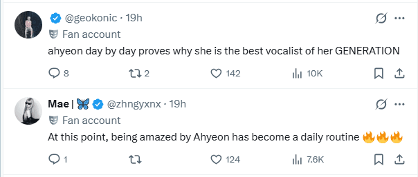Fan comments defending and praising Ahyeon’s powerful live vocal performance