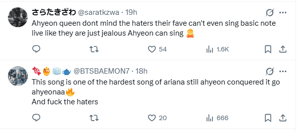Fan comments defending and praising Ahyeon’s powerful live vocal